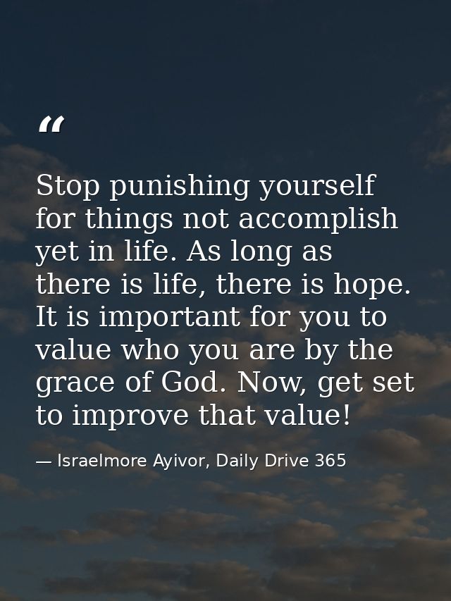 Stop punishing yourself for things not accomplish yet in life. As long as there is life, there is hope. It is important  — Israelmore Ayivor, Daily Drive 365