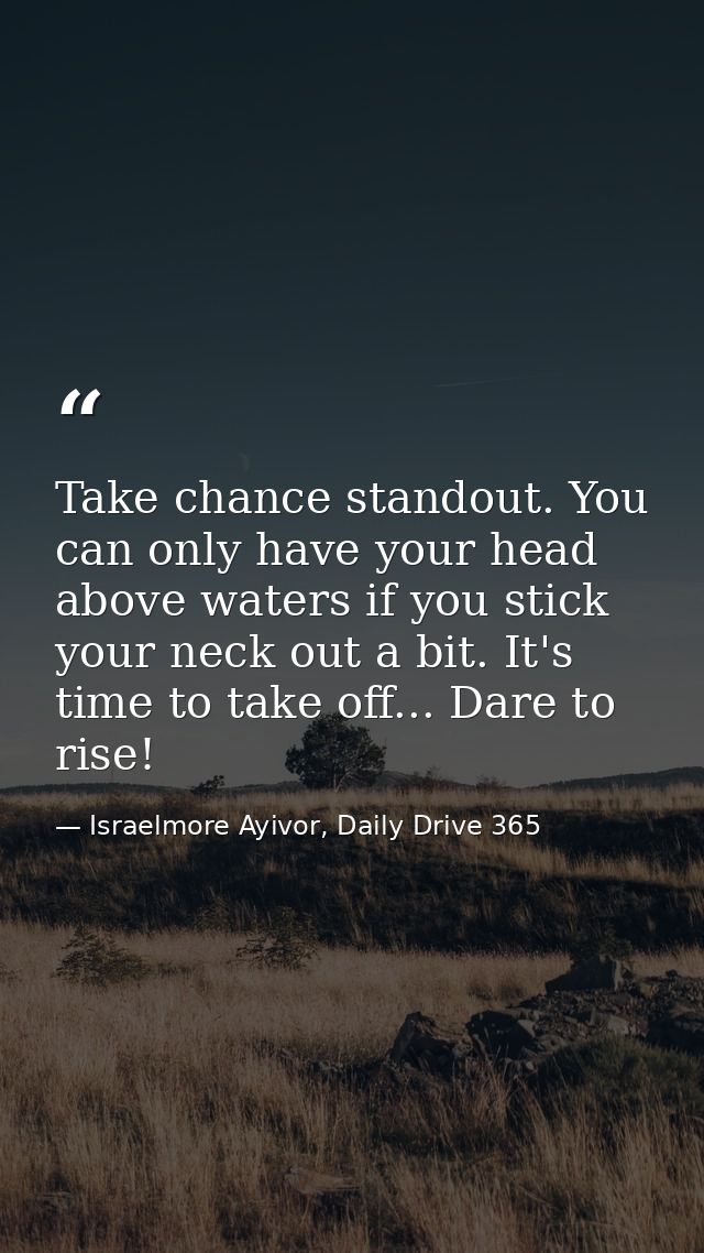 Take chance standout. You can only have your head above waters if you stick your neck out a bit. It's time to take off.. — Israelmore Ayivor, Daily Drive 365