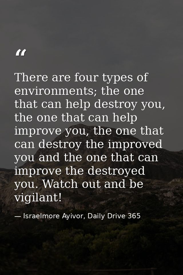 There are four types of environments; the one that can help destroy you, the one that can help improve you, the one that — Israelmore Ayivor, Daily Drive 365