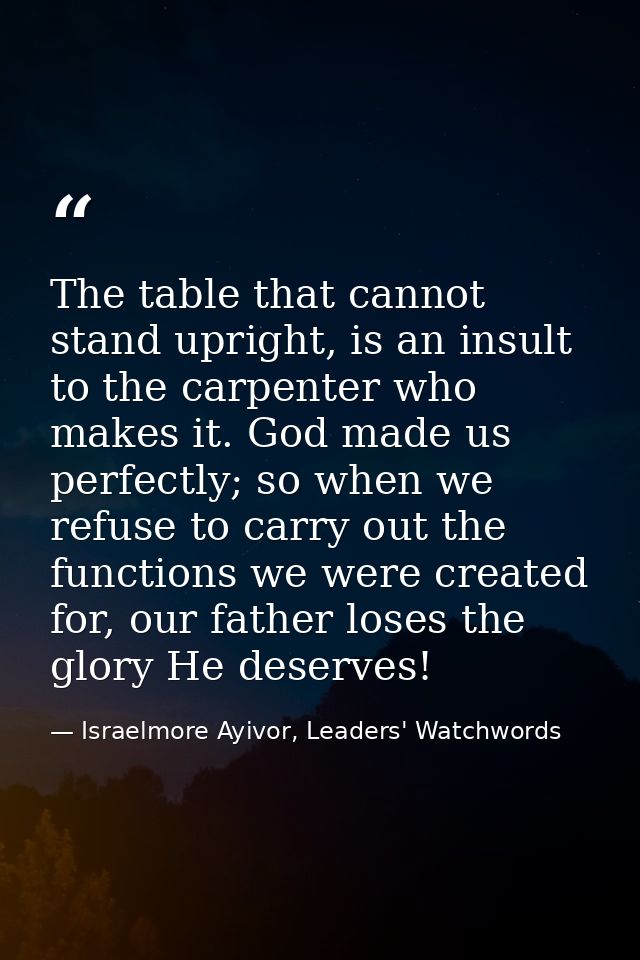 The table that cannot stand upright, is an insult to the carpenter who makes it. God made us perfectly; so when we refus — Israelmore Ayivor, Leaders' Watchwords