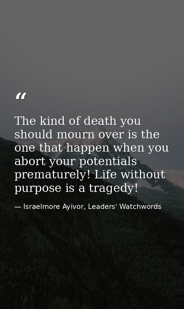 The kind of death you should mourn over is the one that happen when you abort your potentials prematurely! Life without  — Israelmore Ayivor, Leaders' Watchwords