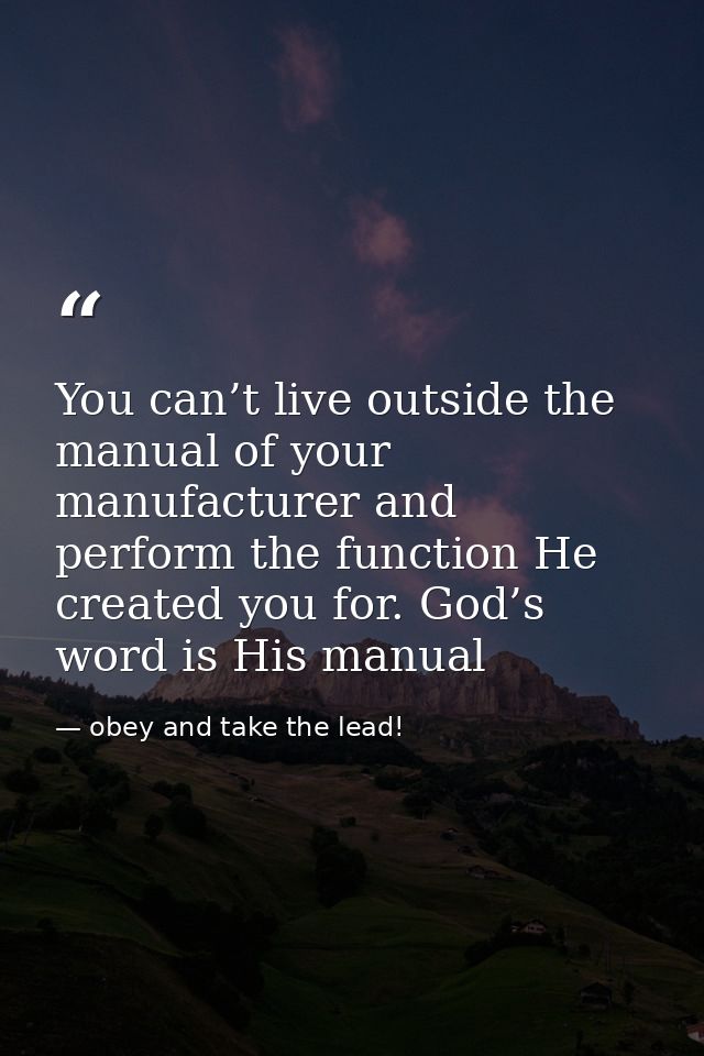 You can’t live outside the manual of your manufacturer and perform the function He created you for. God’s word is His ma — obey and take the lead!
