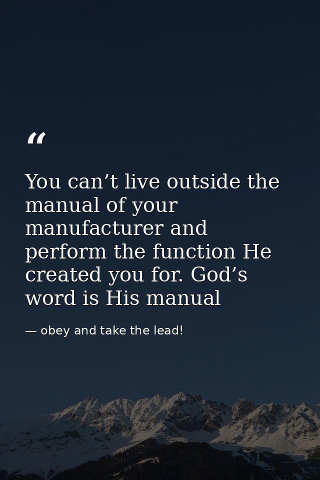 You can’t live outside the manual of your manufacturer and perform the function He created you for. God’s word is His ma — obey and take the lead!