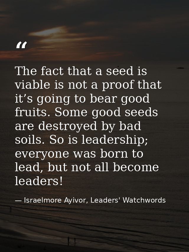 The fact that a seed is viable is not a proof that it’s going to bear good fruits. Some good seeds are destroyed by bad  — Israelmore Ayivor, Leaders' Watchwords