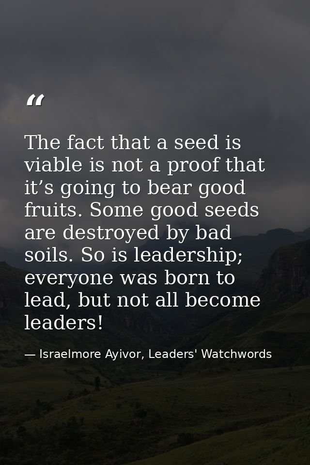 The fact that a seed is viable is not a proof that it’s going to bear good fruits. Some good seeds are destroyed by bad  — Israelmore Ayivor, Leaders' Watchwords