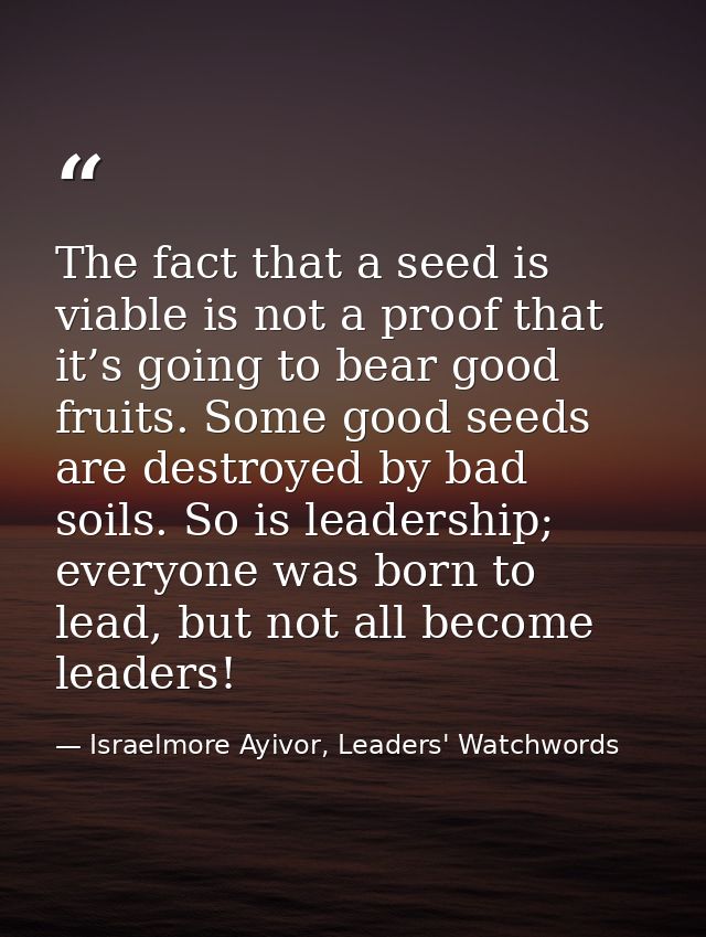 The fact that a seed is viable is not a proof that it’s going to bear good fruits. Some good seeds are destroyed by bad  — Israelmore Ayivor, Leaders' Watchwords