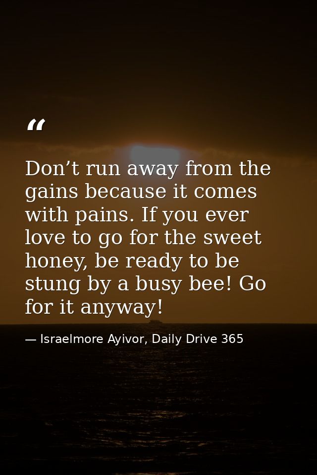 Don’t run away from the gains because it comes with pains. If you ever love to go for the sweet honey, be ready to be st — Israelmore Ayivor, Daily Drive 365