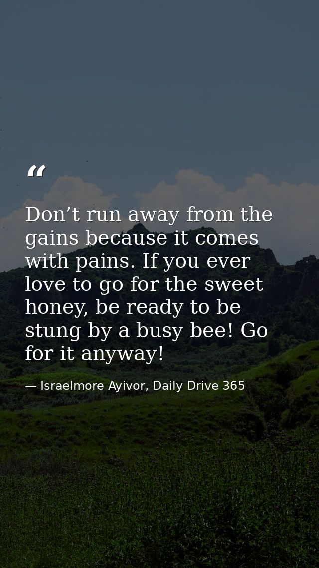 Don’t run away from the gains because it comes with pains. If you ever love to go for the sweet honey, be ready to be st — Israelmore Ayivor, Daily Drive 365