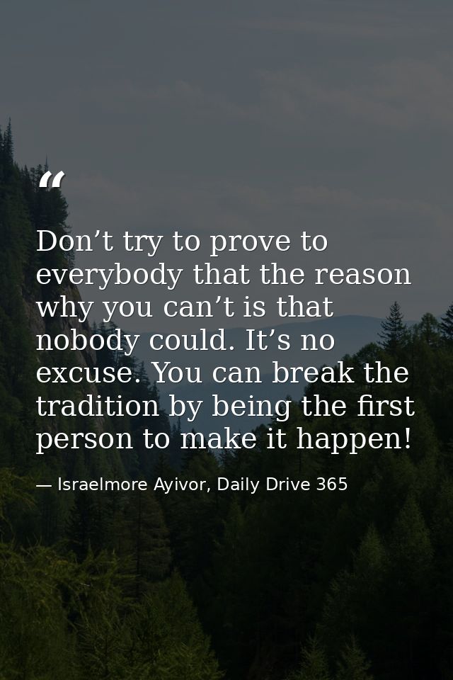 Don’t try to prove to everybody that the reason why you can’t is that nobody could. It’s no excuse. You can break the tr — Israelmore Ayivor, Daily Drive 365