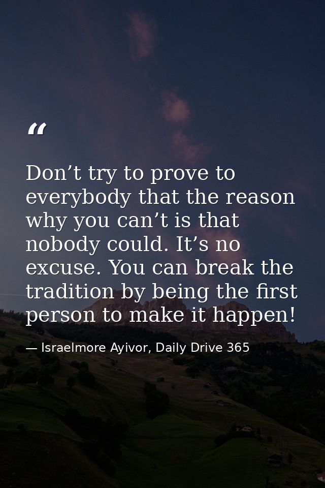 Don’t try to prove to everybody that the reason why you can’t is that nobody could. It’s no excuse. You can break the tr — Israelmore Ayivor, Daily Drive 365