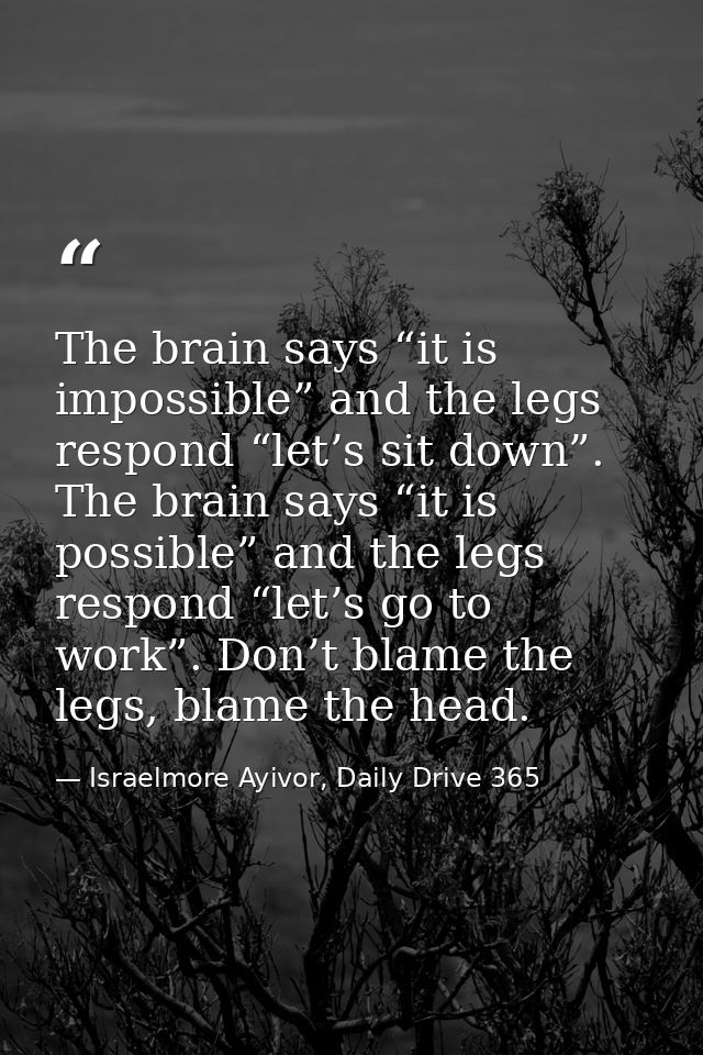 The brain says “it is impossible” and the legs respond “let’s sit down”. The brain says “it is possible” and the legs re — Israelmore Ayivor, Daily Drive 365
