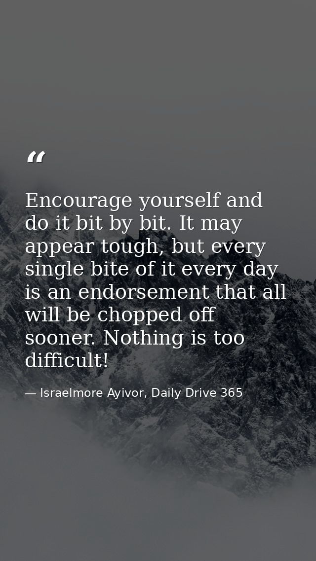 Encourage yourself and do it bit by bit. It may appear tough, but every single bite of it every day is an endorsement th — Israelmore Ayivor, Daily Drive 365