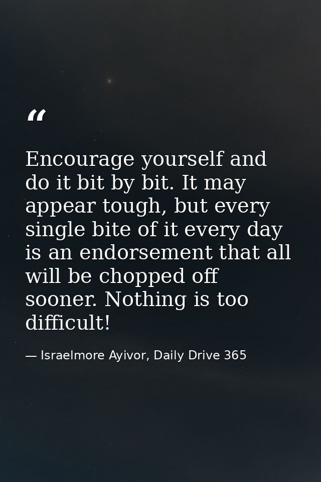 Encourage yourself and do it bit by bit. It may appear tough, but every single bite of it every day is an endorsement th — Israelmore Ayivor, Daily Drive 365