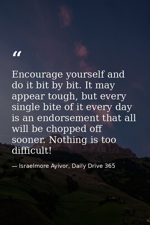 Encourage yourself and do it bit by bit. It may appear tough, but every single bite of it every day is an endorsement th — Israelmore Ayivor, Daily Drive 365