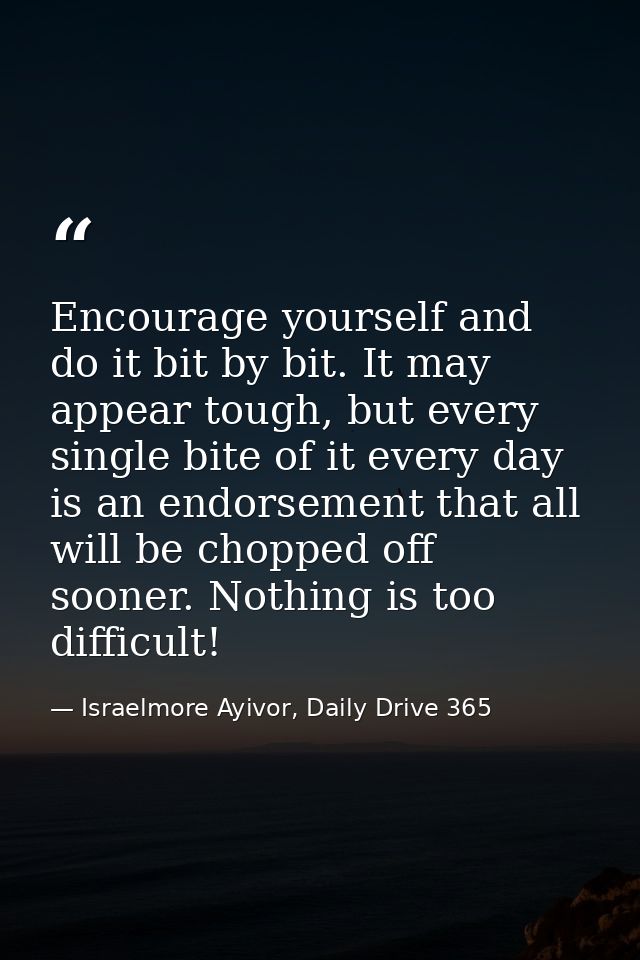 Encourage yourself and do it bit by bit. It may appear tough, but every single bite of it every day is an endorsement th — Israelmore Ayivor, Daily Drive 365