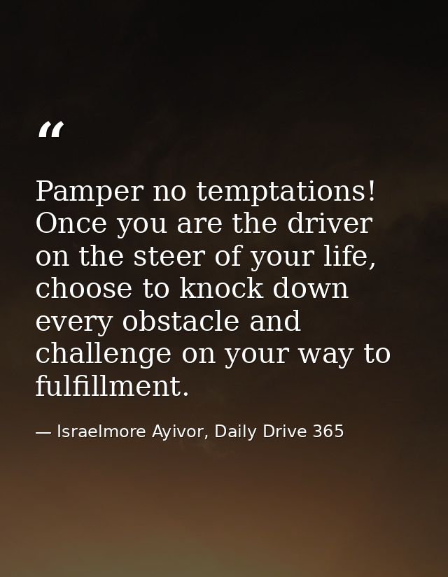 Pamper no temptations! Once you are the driver on the steer of your life, choose to knock down every obstacle and challe — Israelmore Ayivor, Daily Drive 365
