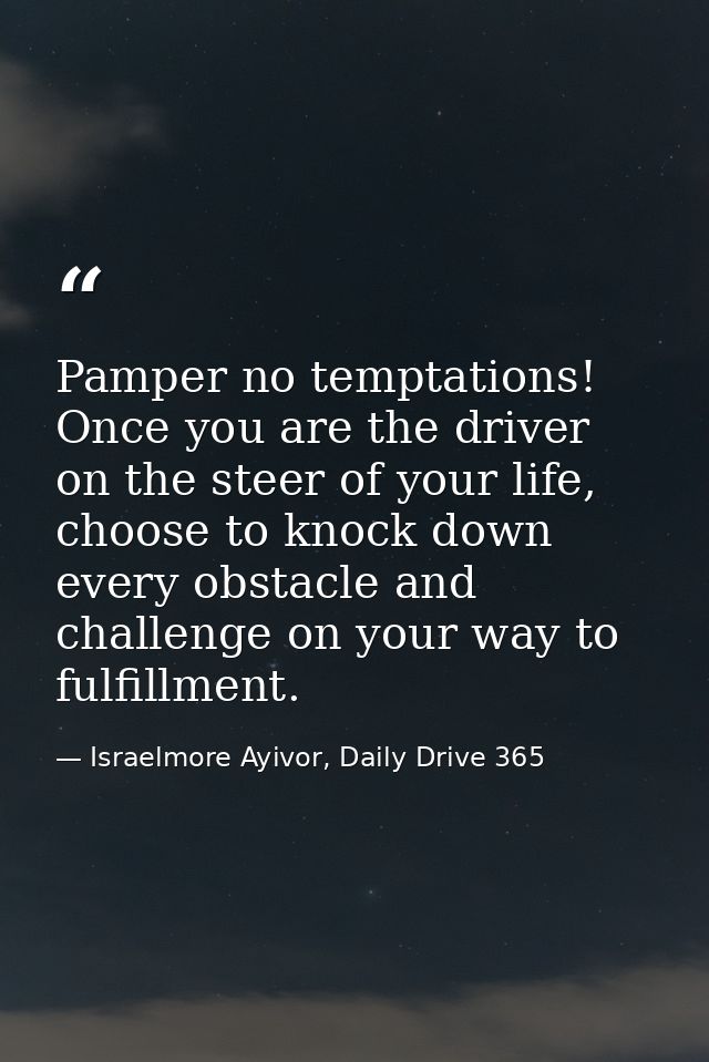 Pamper no temptations! Once you are the driver on the steer of your life, choose to knock down every obstacle and challe — Israelmore Ayivor, Daily Drive 365