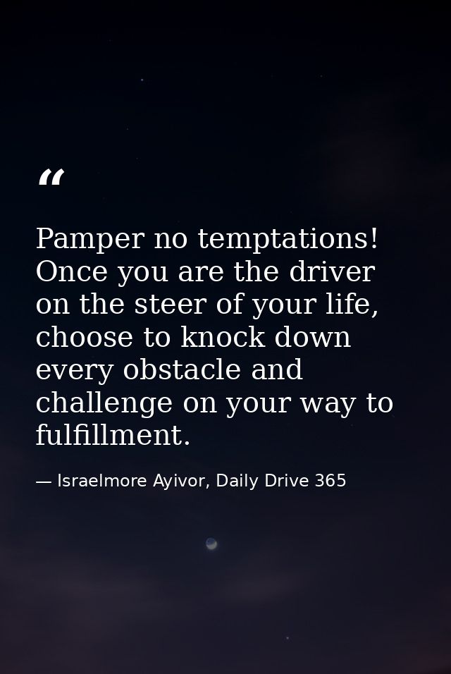 Pamper no temptations! Once you are the driver on the steer of your life, choose to knock down every obstacle and challe — Israelmore Ayivor, Daily Drive 365