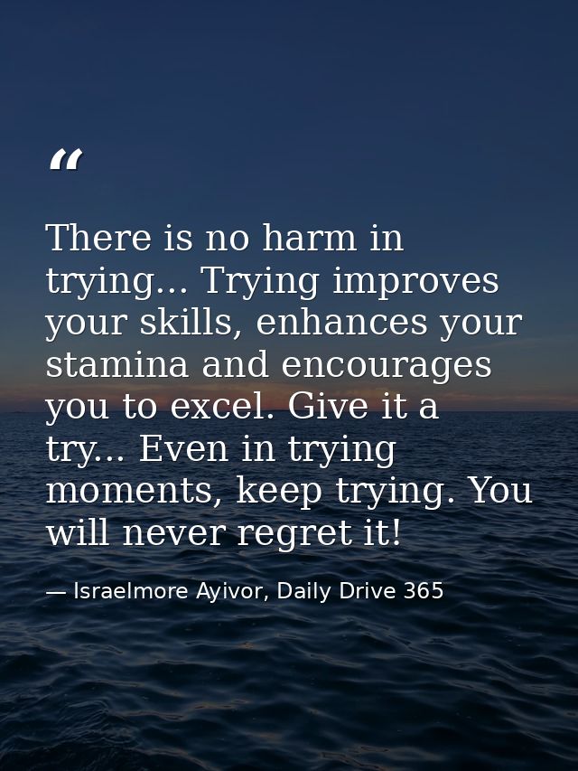 There is no harm in trying... Trying improves your skills, enhances your stamina and encourages you to excel. Give it a  — Israelmore Ayivor, Daily Drive 365