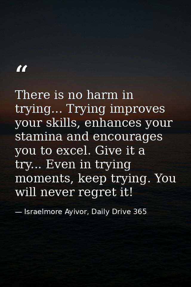There is no harm in trying... Trying improves your skills, enhances your stamina and encourages you to excel. Give it a  — Israelmore Ayivor, Daily Drive 365