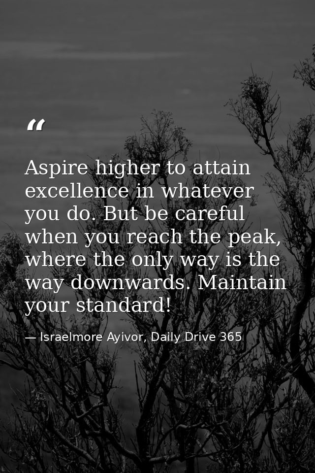 Aspire higher to attain excellence in whatever you do. But be careful when you reach the peak, where the only way is the — Israelmore Ayivor, Daily Drive 365