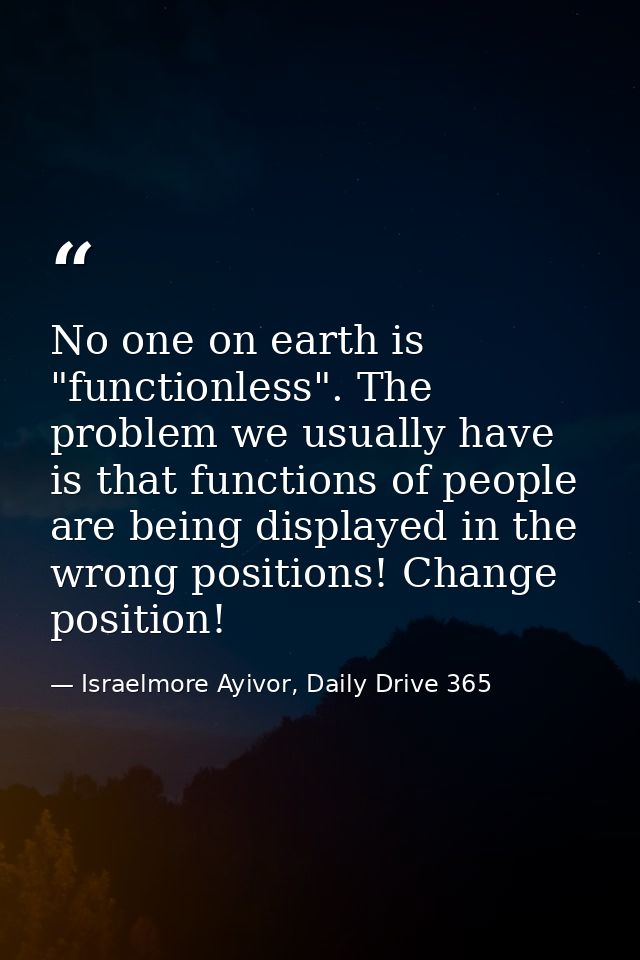 No one on earth is "functionless". The problem we usually have is that functions of people are being displayed in the wr — Israelmore Ayivor, Daily Drive 365