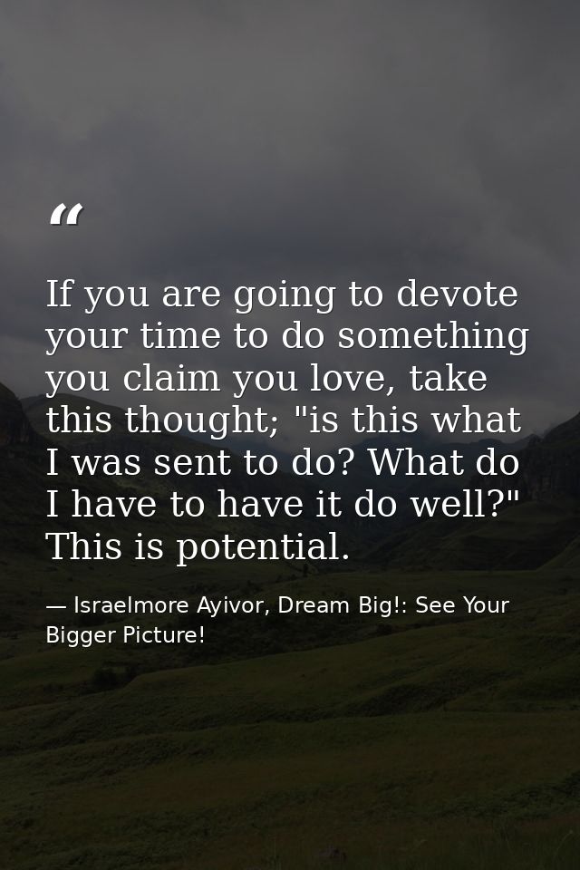 If you are going to devote your time to do something you claim you love, take this thought; "is this what I was sent to  — Israelmore Ayivor, Dream Big!: See Your Bigger Picture!