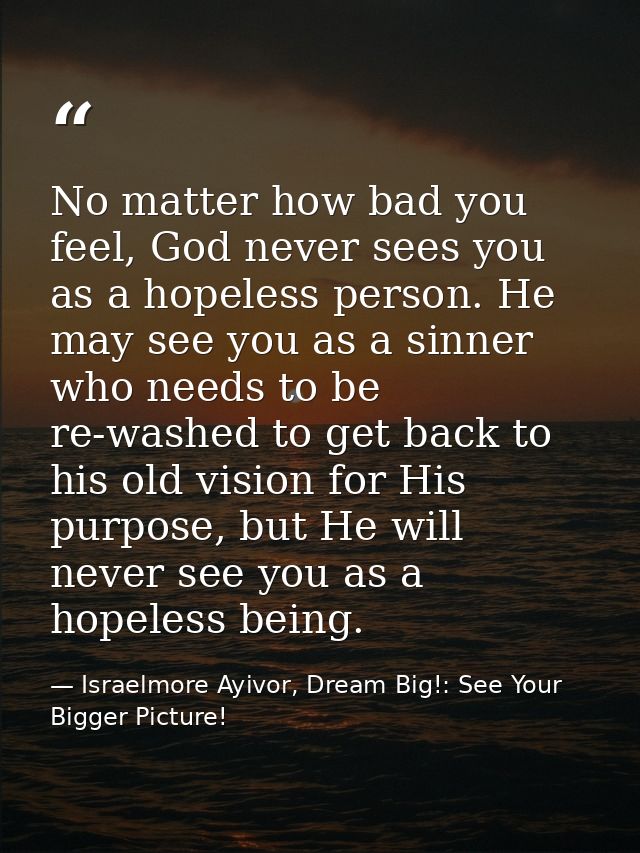 No matter how bad you feel, God never sees you as a hopeless person. He may see you as a sinner who needs to be re-washe — Israelmore Ayivor, Dream Big!: See Your Bigger Picture!