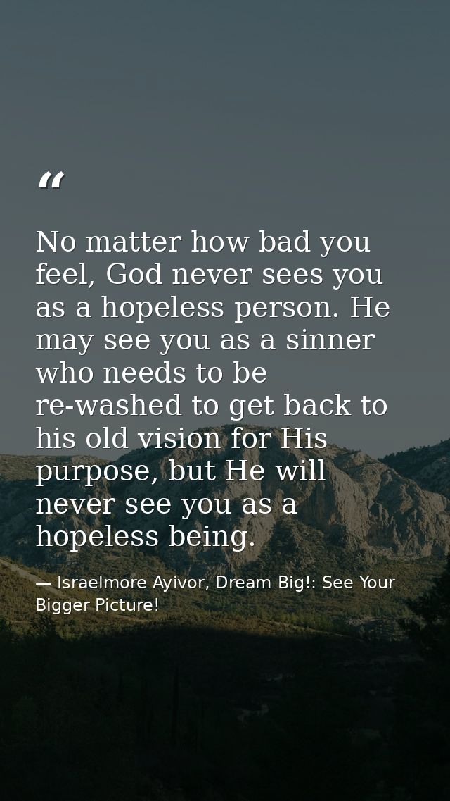 No matter how bad you feel, God never sees you as a hopeless person. He may see you as a sinner who needs to be re-washe — Israelmore Ayivor, Dream Big!: See Your Bigger Picture!