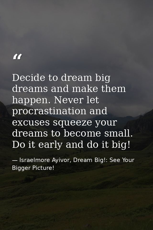 Decide to dream big dreams and make them happen. Never let procrastination and excuses squeeze your dreams to become sma — Israelmore Ayivor, Dream Big!: See Your Bigger Picture!