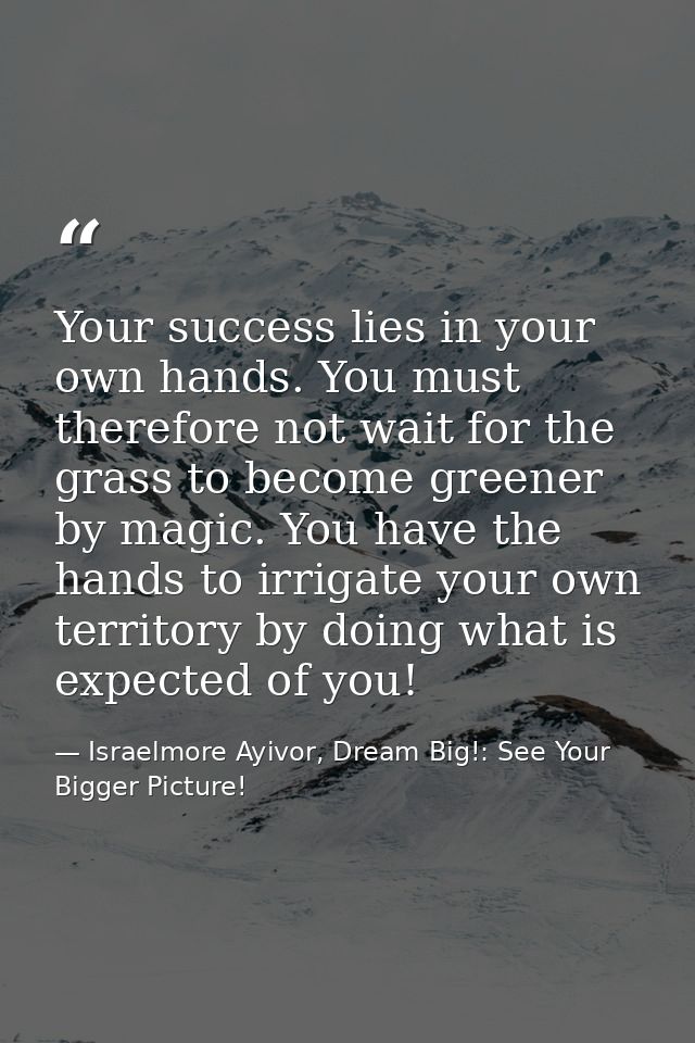 Your success lies in your own hands. You must therefore not wait for the grass to become greener by magic. You have the  — Israelmore Ayivor, Dream Big!: See Your Bigger Picture!