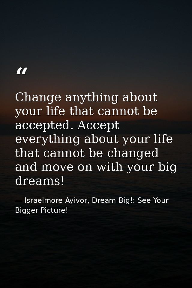 Change anything about your life that cannot be accepted. Accept everything about your life that cannot be changed and mo — Israelmore Ayivor, Dream Big!: See Your Bigger Picture!