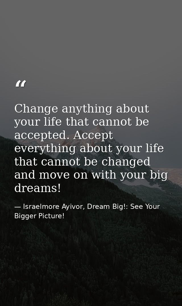 Change anything about your life that cannot be accepted. Accept everything about your life that cannot be changed and mo — Israelmore Ayivor, Dream Big!: See Your Bigger Picture!