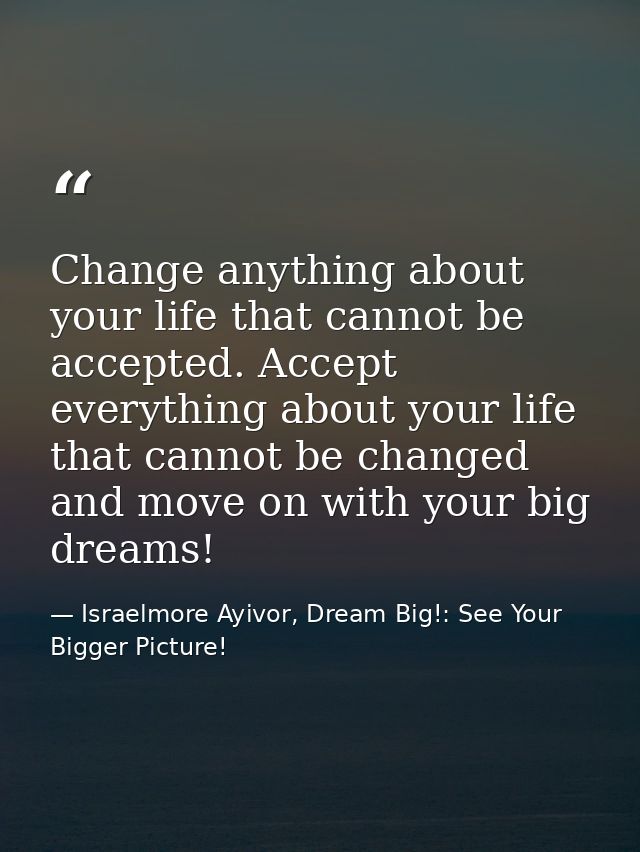 Change anything about your life that cannot be accepted. Accept everything about your life that cannot be changed and mo — Israelmore Ayivor, Dream Big!: See Your Bigger Picture!