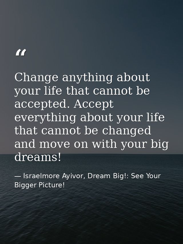Change anything about your life that cannot be accepted. Accept everything about your life that cannot be changed and mo — Israelmore Ayivor, Dream Big!: See Your Bigger Picture!