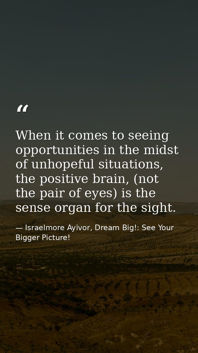 When it comes to seeing opportunities in the midst of unhopeful situations, the positive brain, (not the pair of eyes) i — Israelmore Ayivor, Dream Big!: See Your Bigger Picture!