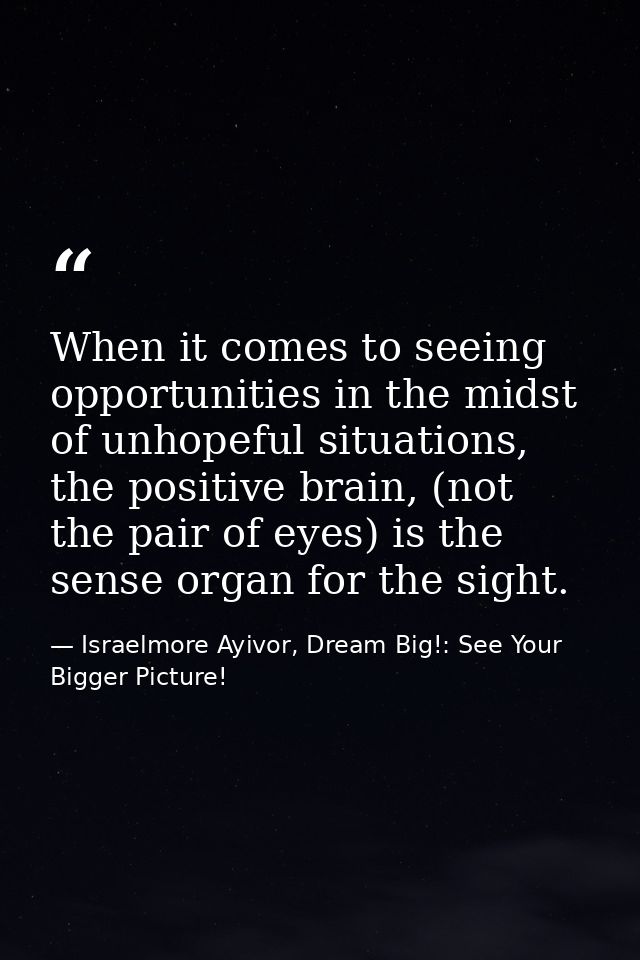 When it comes to seeing opportunities in the midst of unhopeful situations, the positive brain, (not the pair of eyes) i — Israelmore Ayivor, Dream Big!: See Your Bigger Picture!