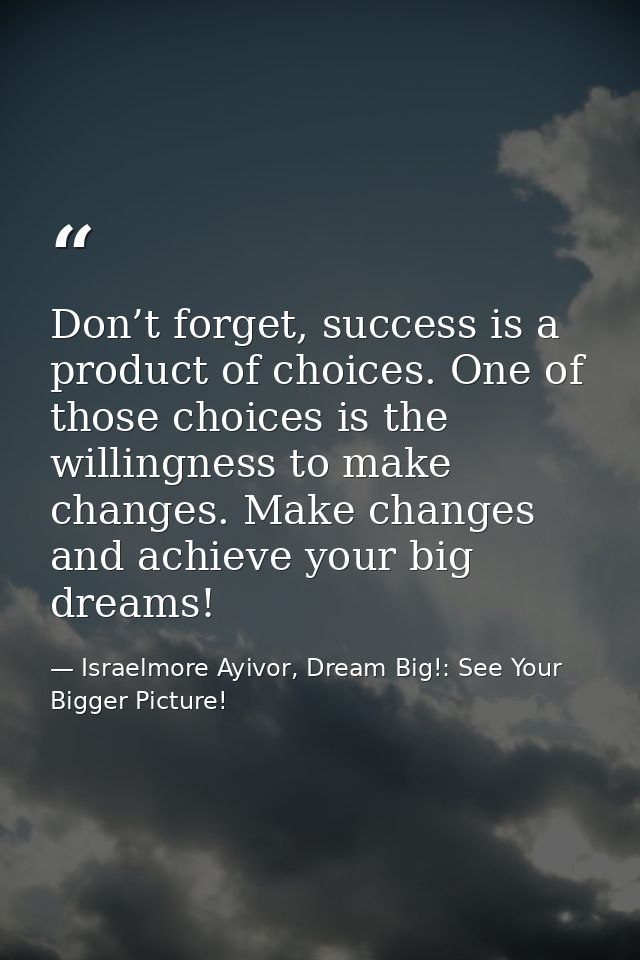 Don’t forget, success is a product of choices. One of those choices is the willingness to make changes. Make changes and — Israelmore Ayivor, Dream Big!: See Your Bigger Picture!