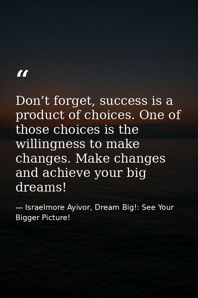 Don’t forget, success is a product of choices. One of those choices is the willingness to make changes. Make changes and — Israelmore Ayivor, Dream Big!: See Your Bigger Picture!