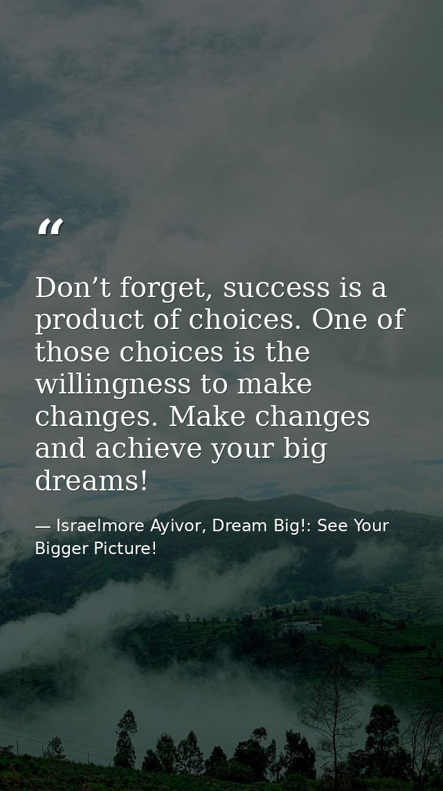 Don’t forget, success is a product of choices. One of those choices is the willingness to make changes. Make changes and — Israelmore Ayivor, Dream Big!: See Your Bigger Picture!