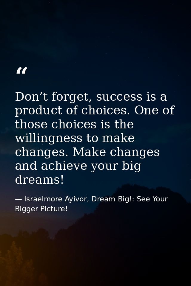 Don’t forget, success is a product of choices. One of those choices is the willingness to make changes. Make changes and — Israelmore Ayivor, Dream Big!: See Your Bigger Picture!