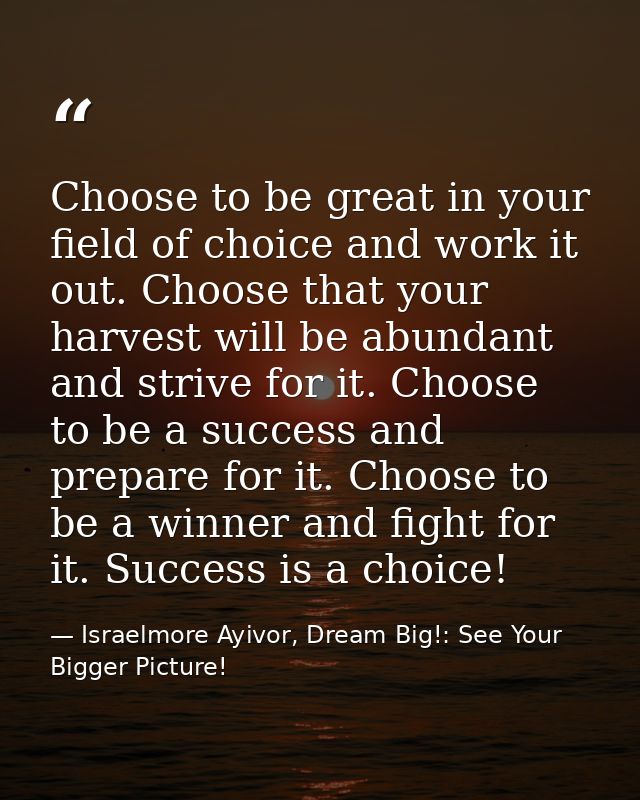 Choose to be great in your field of choice and work it out. Choose that your harvest will be abundant and strive for it. — Israelmore Ayivor, Dream Big!: See Your Bigger Picture!