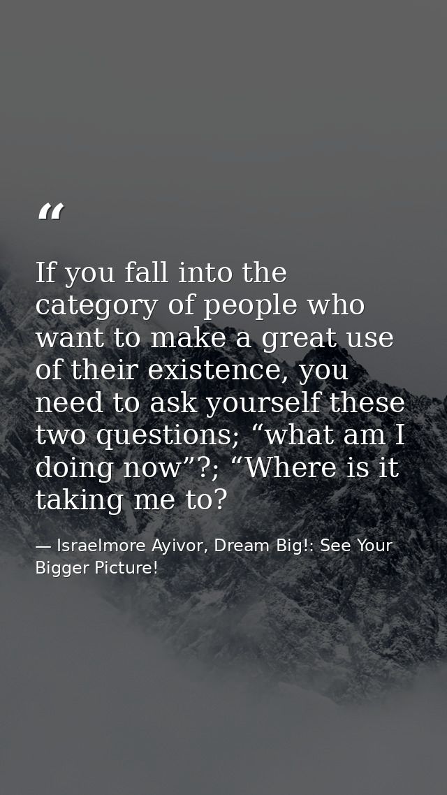 If you fall into the category of people who want to make a great use of their existence, you need to ask yourself these  — Israelmore Ayivor, Dream Big!: See Your Bigger Picture!