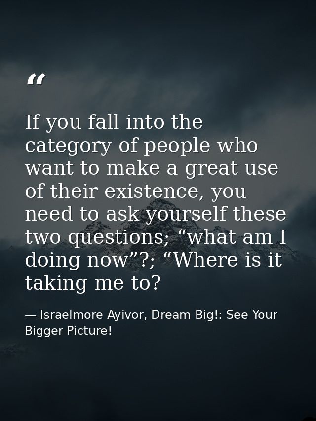 If you fall into the category of people who want to make a great use of their existence, you need to ask yourself these  — Israelmore Ayivor, Dream Big!: See Your Bigger Picture!