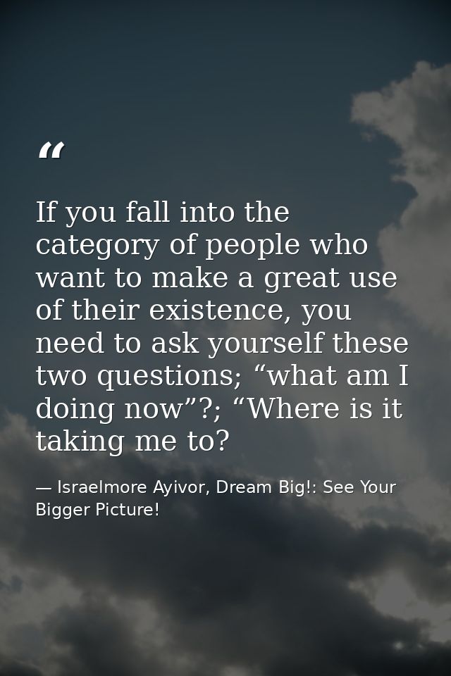 If you fall into the category of people who want to make a great use of their existence, you need to ask yourself these  — Israelmore Ayivor, Dream Big!: See Your Bigger Picture!