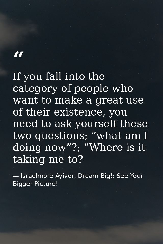 If you fall into the category of people who want to make a great use of their existence, you need to ask yourself these  — Israelmore Ayivor, Dream Big!: See Your Bigger Picture!