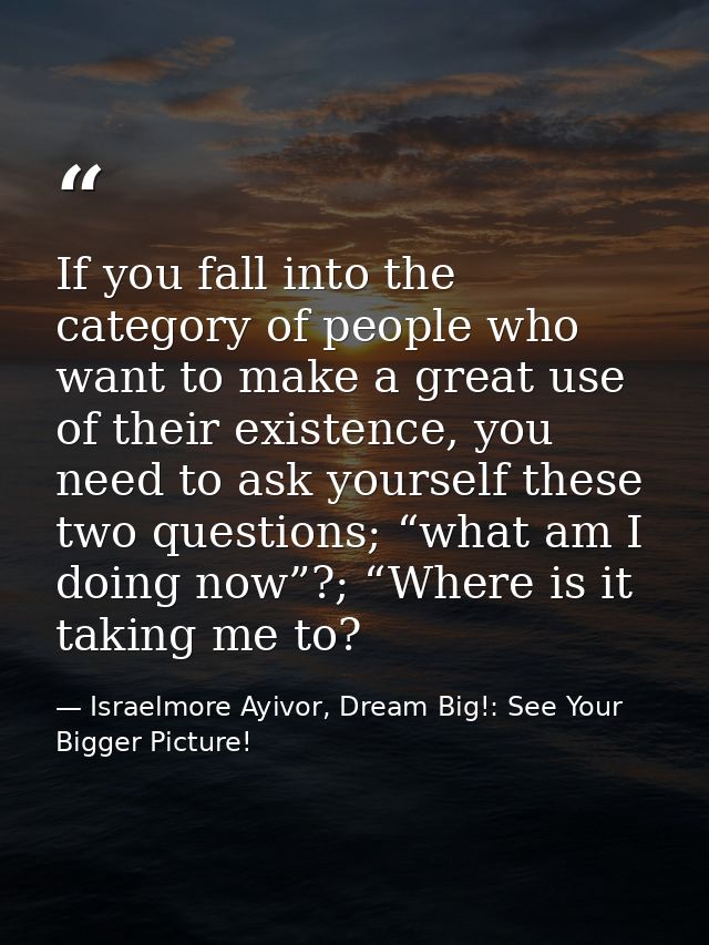 If you fall into the category of people who want to make a great use of their existence, you need to ask yourself these  — Israelmore Ayivor, Dream Big!: See Your Bigger Picture!