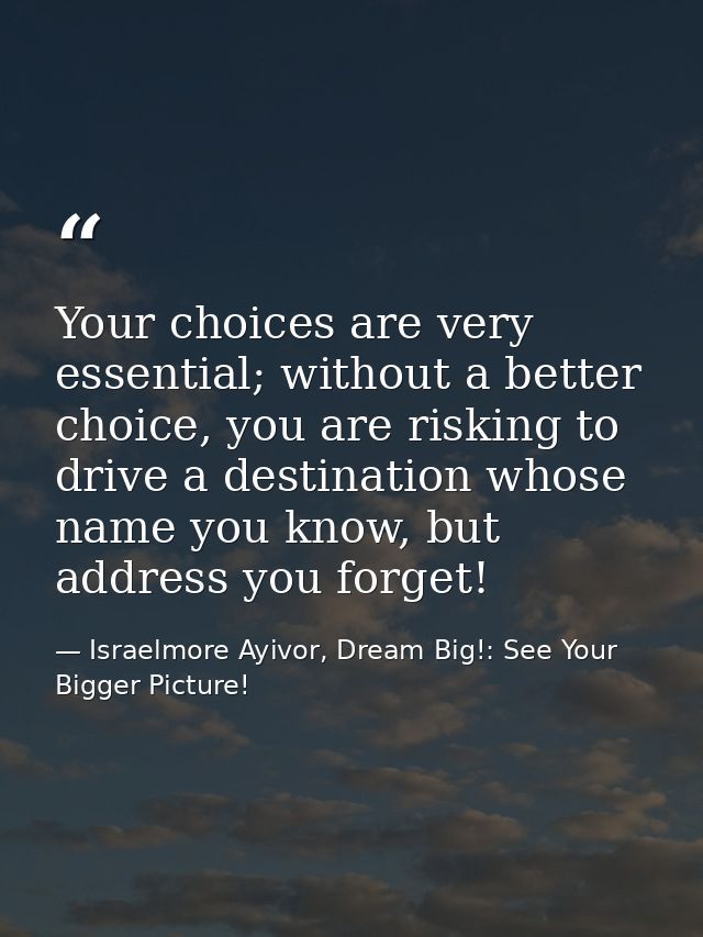 Your choices are very essential; without a better choice, you are risking to drive a destination whose name you know, bu — Israelmore Ayivor, Dream Big!: See Your Bigger Picture!