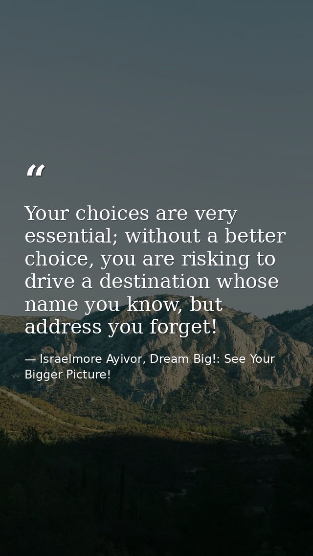 Your choices are very essential; without a better choice, you are risking to drive a destination whose name you know, bu — Israelmore Ayivor, Dream Big!: See Your Bigger Picture!