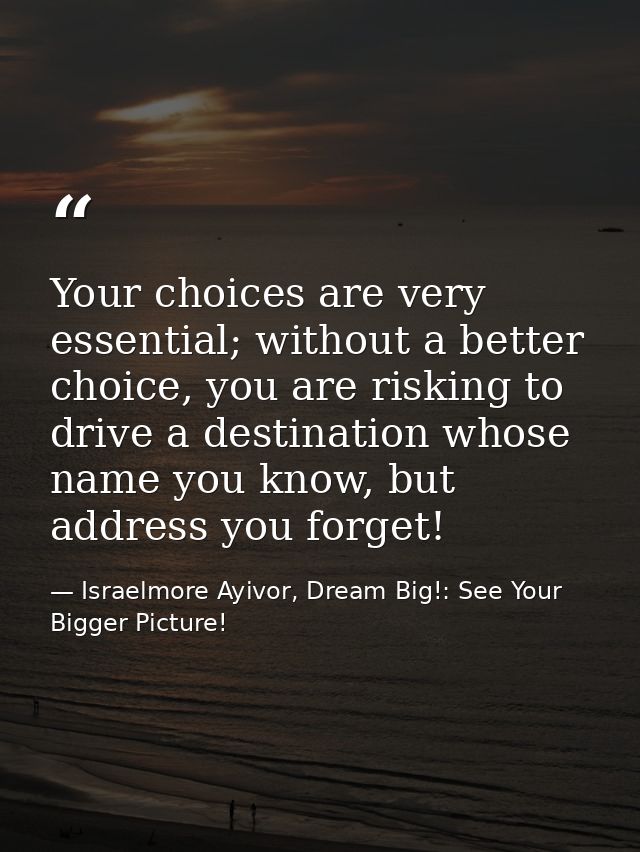 Your choices are very essential; without a better choice, you are risking to drive a destination whose name you know, bu — Israelmore Ayivor, Dream Big!: See Your Bigger Picture!
